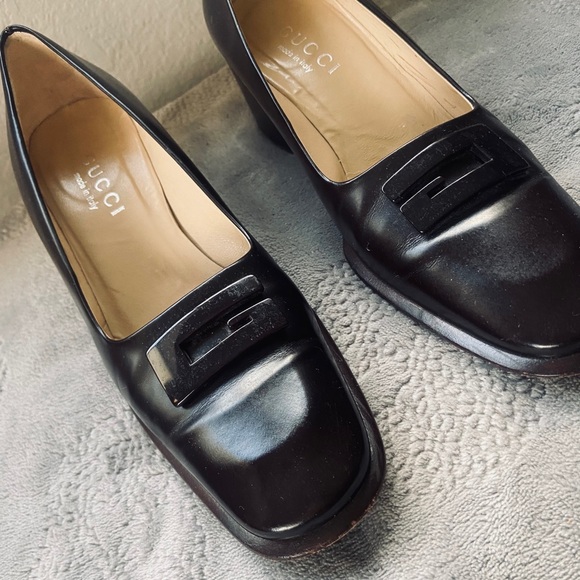 Gucci Dark Brown Leather Block Heel Pumps